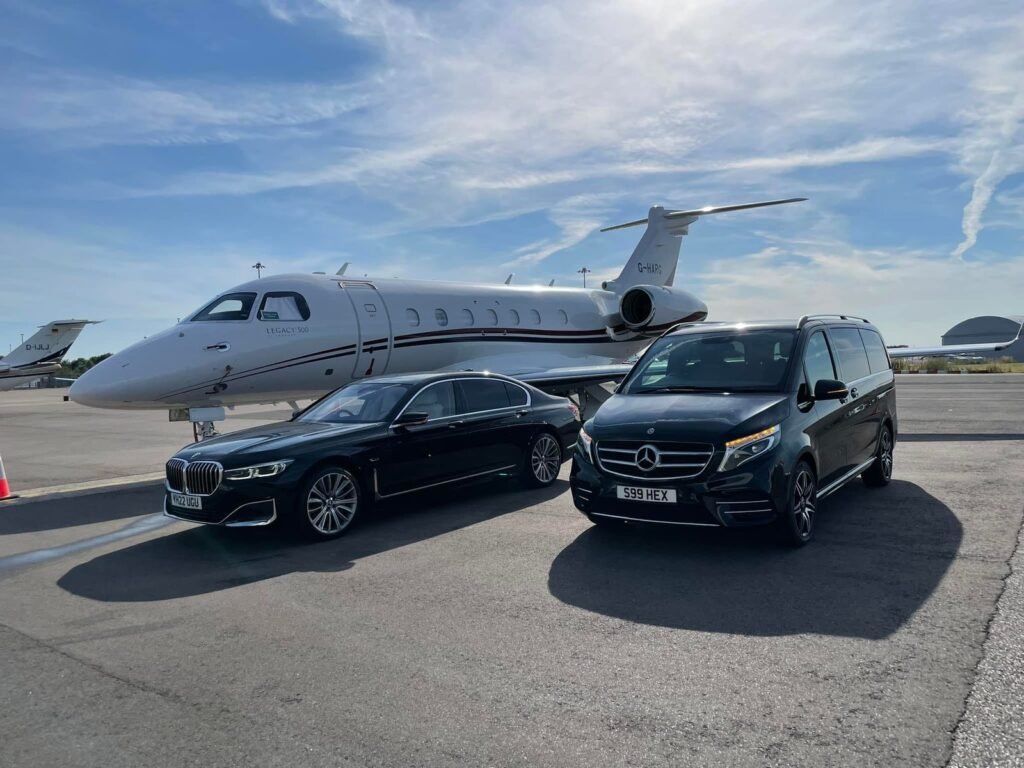 Luxury BMW and Mercedes van beside private jet – United Limo INC VIP airport transfer service.