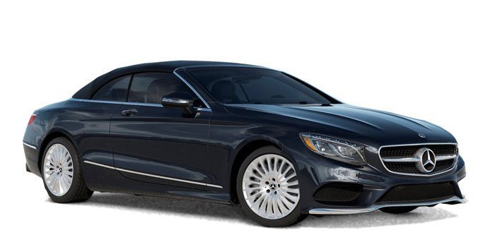 Dark blue Mercedes-Benz S560 Cabriolet luxury convertible on a white background.